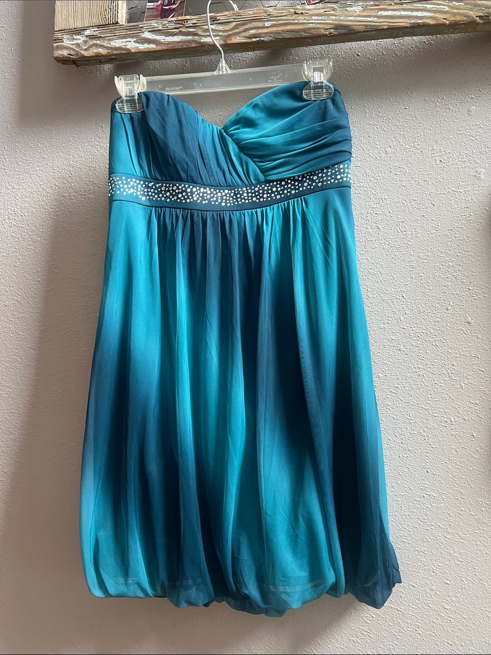 Trixxi Teal & Aqua Strapless Chiffon Cocktail Dress with Rhinestone Band